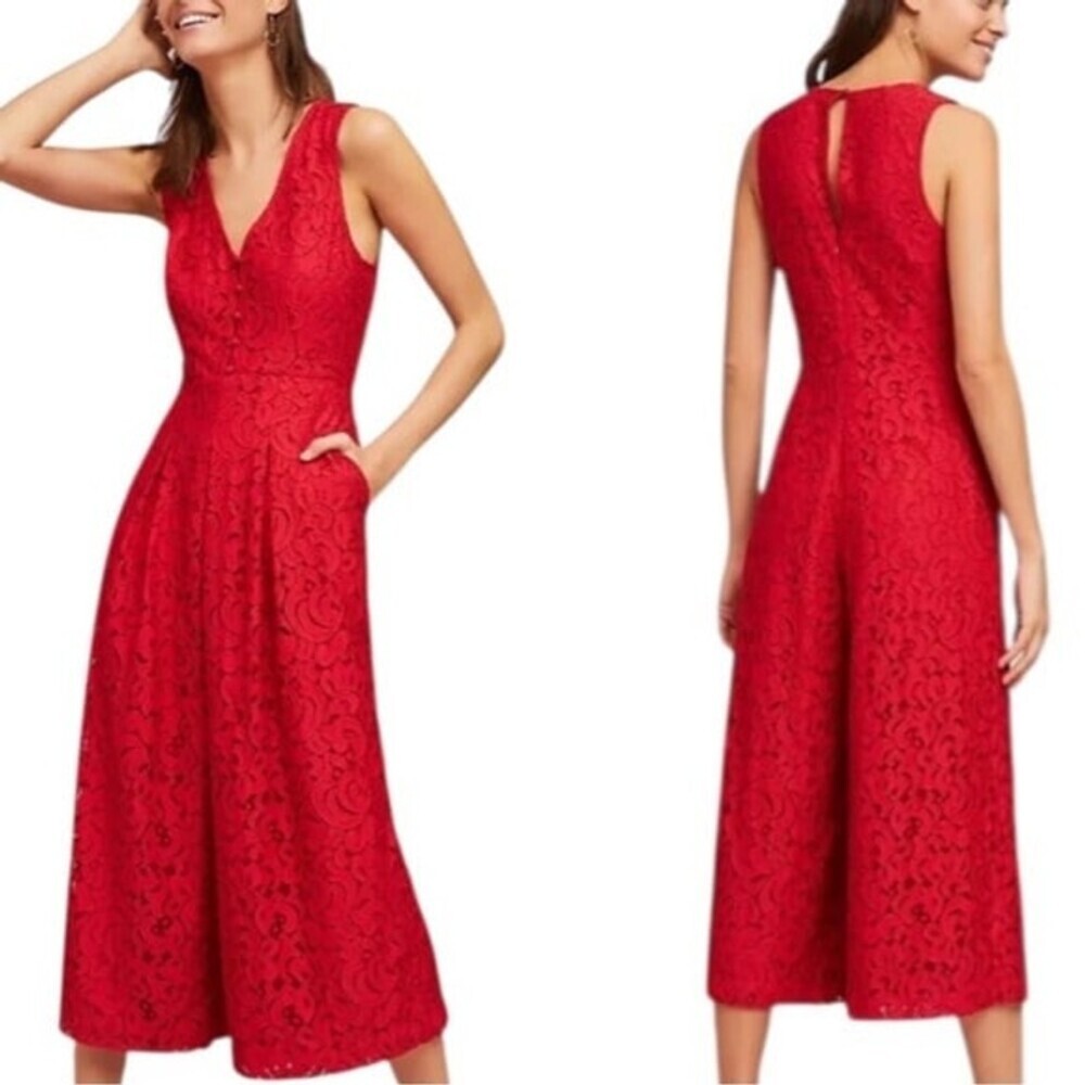 Anthropologie Moulinette Soeurs Jaeda Red Lace Wide Leg Jumpsuit